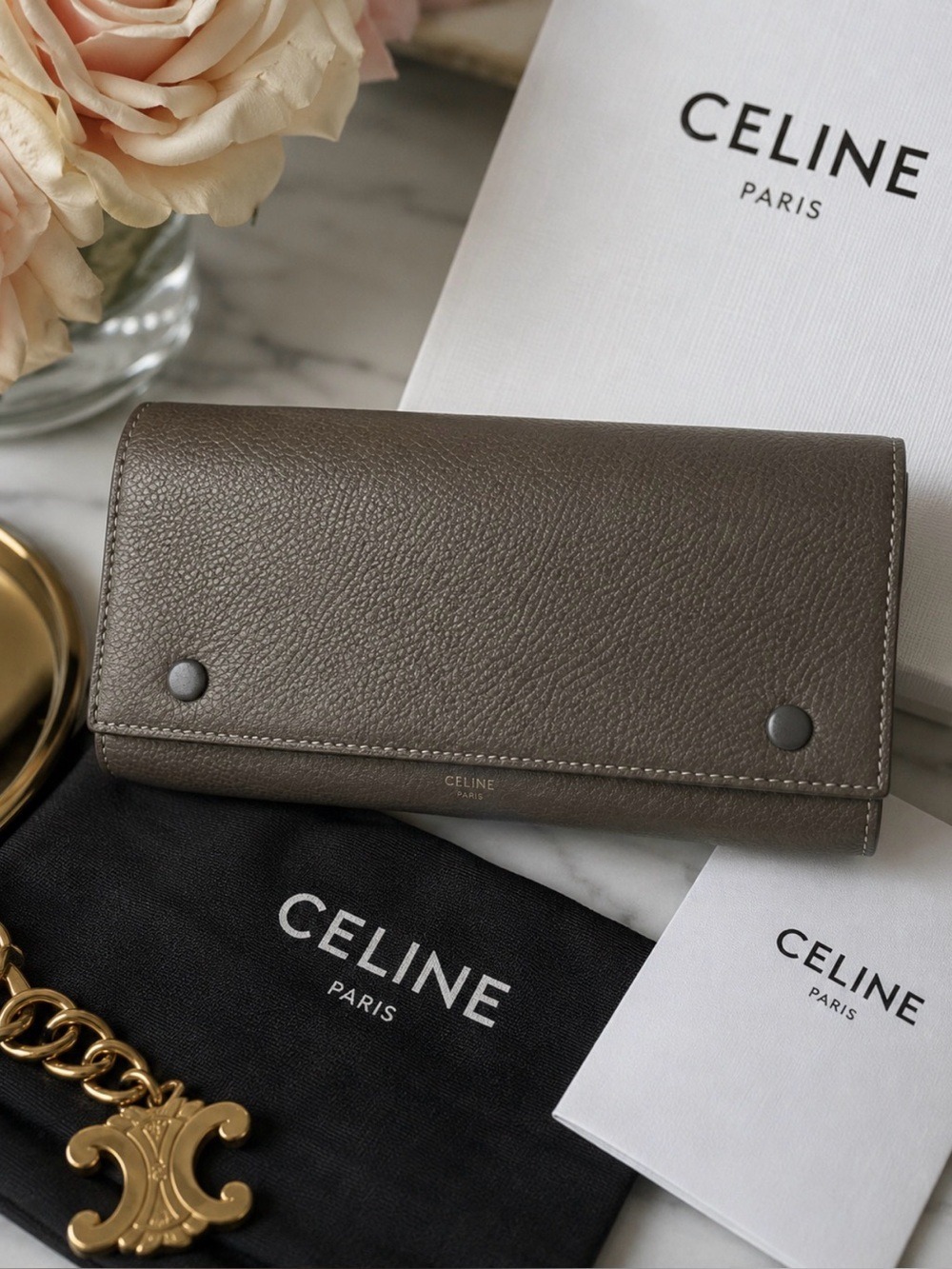 AUTHENTIC CELINE LARGE FLAP MULTIFUNCTION WALLET GRAY CALFSKIN LEATHER ITALY